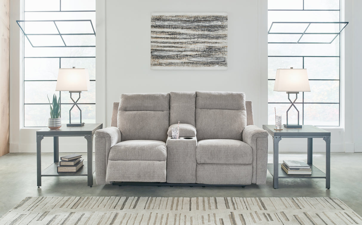 Furniture City Biloxi - Ashley Furniture - Barnsana Living Room - DBL REC PWR Loveseat w/Console / Ash - 3320196
