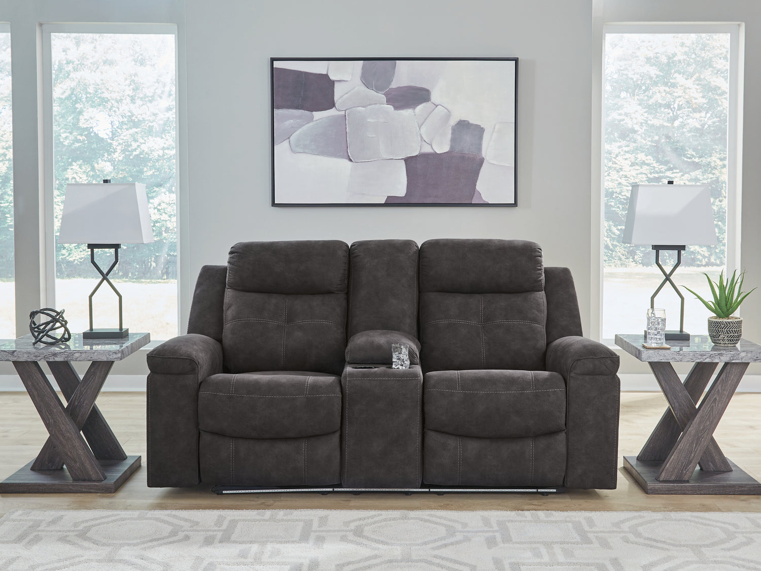 Furniture City Biloxi - Ashley Furniture - Brysonview Living Room - DBL Rec Loveseat w/Console / Charcoal - 6360594