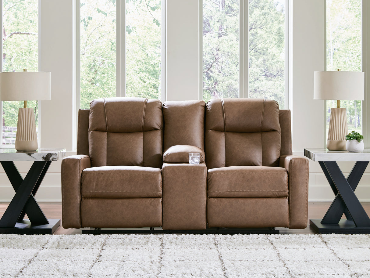 Furniture City Biloxi - Ashley Furniture - Mackmenville Living Room - DBL Rec Loveseat w/Console / Caramel - 7471494