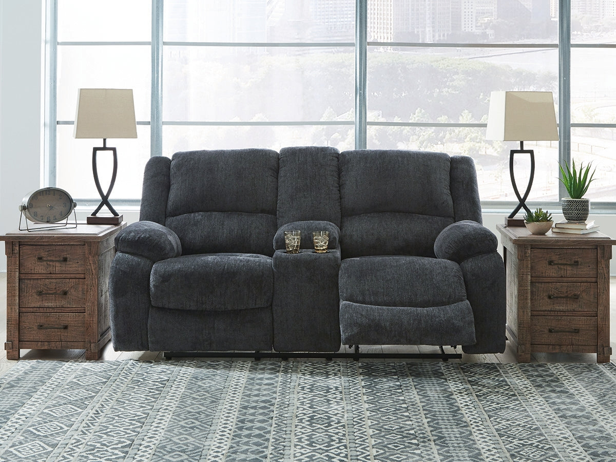 Furniture City Biloxi - Ashley Furniture - Draycoll Living Room - DBL Rec Loveseat w/Console / Slate - 7650494