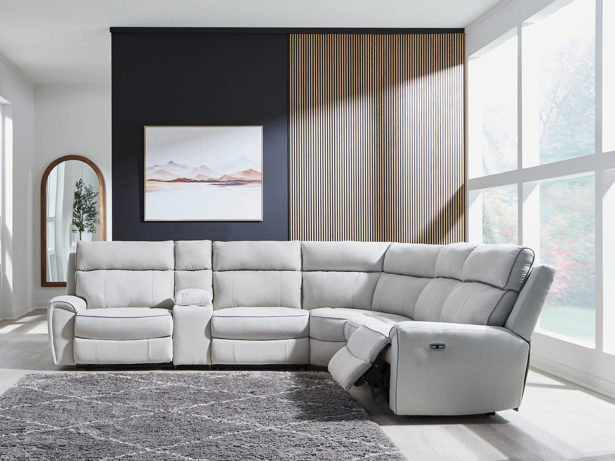 Furniture City Biloxi - Ashley Furniture - Social Pointe Sectional - 6-Piece Reclining Sectional with Storage Console / Pearl/Ash - PC98802S36