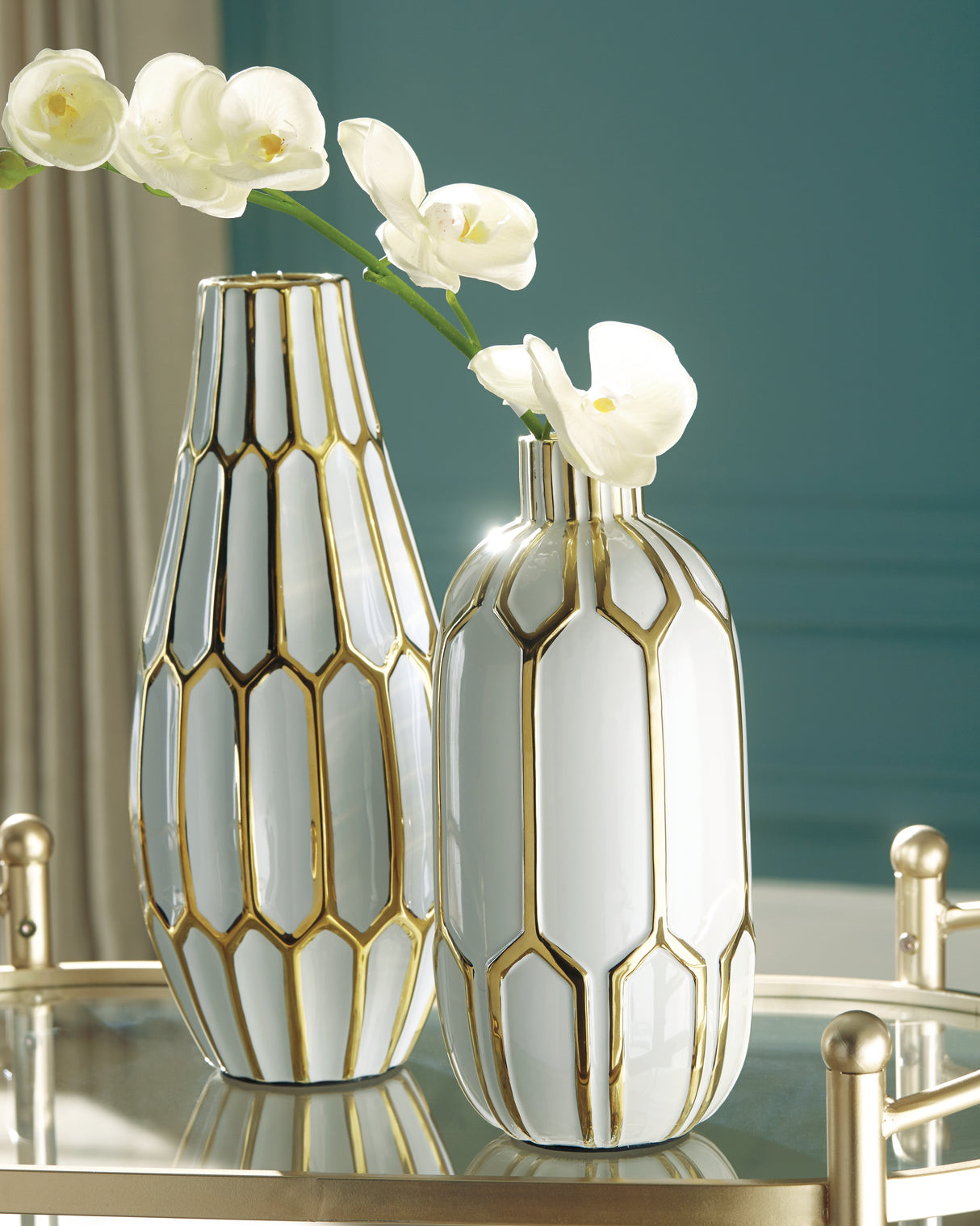 Furniture City Biloxi - Ashley Furniture - Mohsen Vase - Vase Set (Set of 2) / Gold Finish/White - A2000135