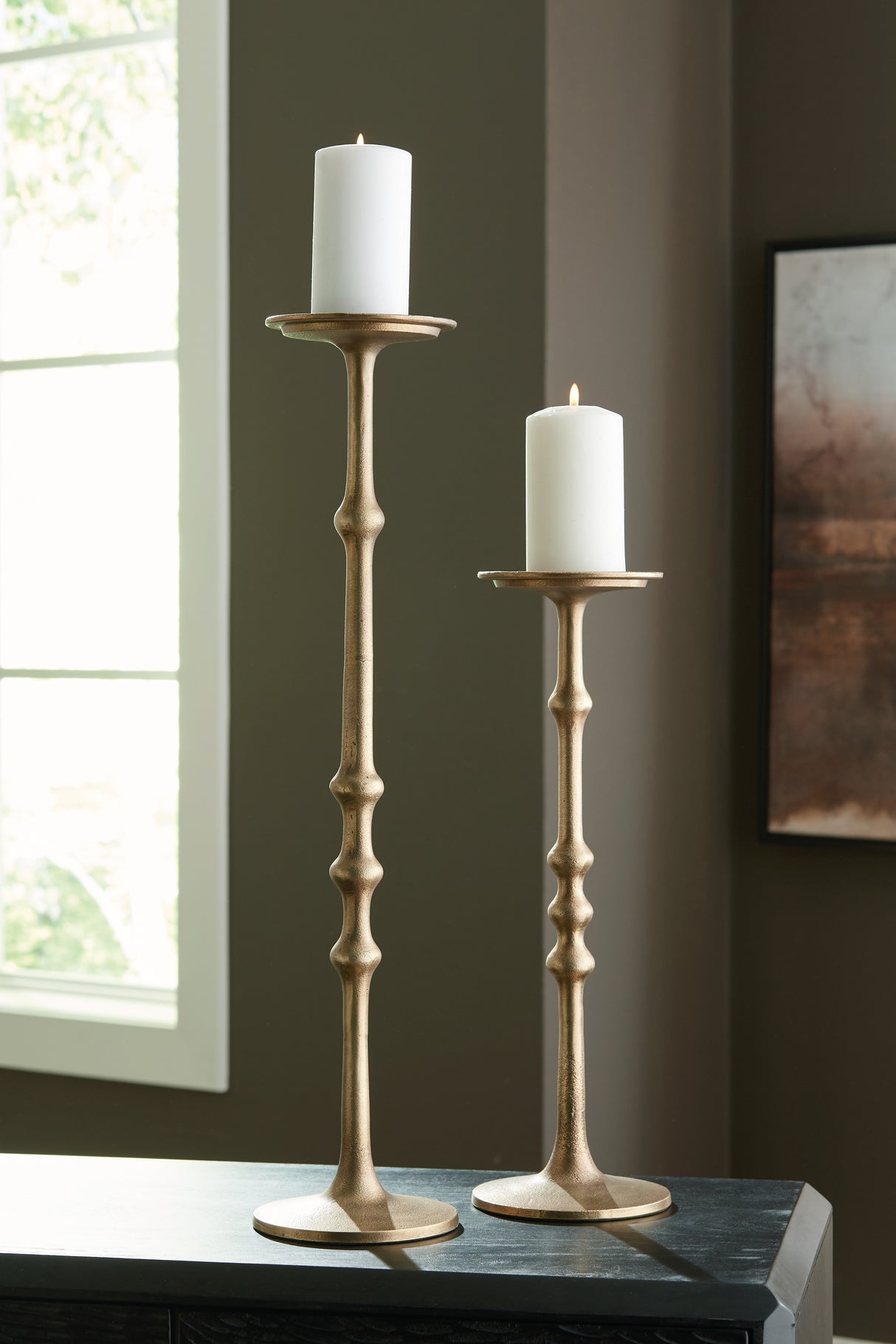 Furniture City Biloxi - Ashley Furniture - Larwick Candle Holder - Candle Holder Set (Set of 2) / Antique Brass Finish - A2000683