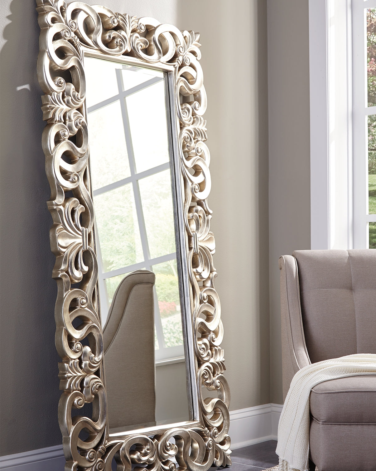 Furniture City Biloxi - Ashley Furniture - Lucia Mirror - Floor Mirror / Antique Silver Finish - A8010123