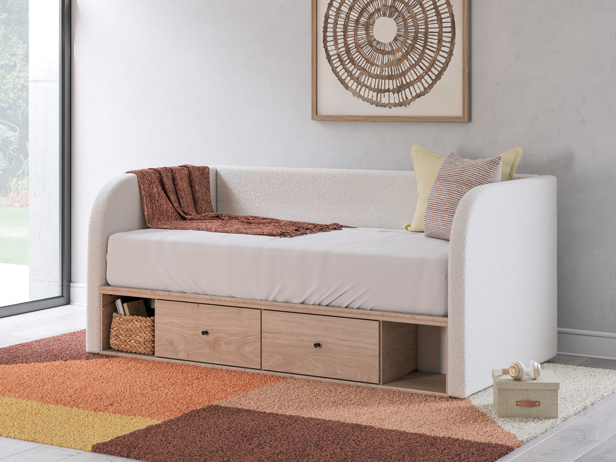 Furniture City Biloxi - Ashley Furniture - Arloster Bedroom - Twin Upholstered Day Bed with Storage / Tan/White - PCB1566B9