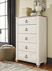 Furniture City Biloxi - Ashley Furniture - Willowton Bedroom - Five Drawer Chest / Whitewash - B267-46