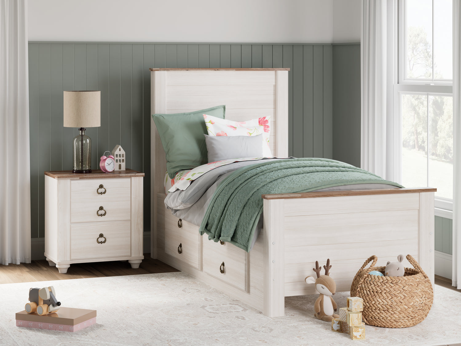 Furniture City Biloxi - Ashley Furniture - Willowton Bedroom - Twin Panel Bed with 2 Storage Drawers / Whitewash - B267B21