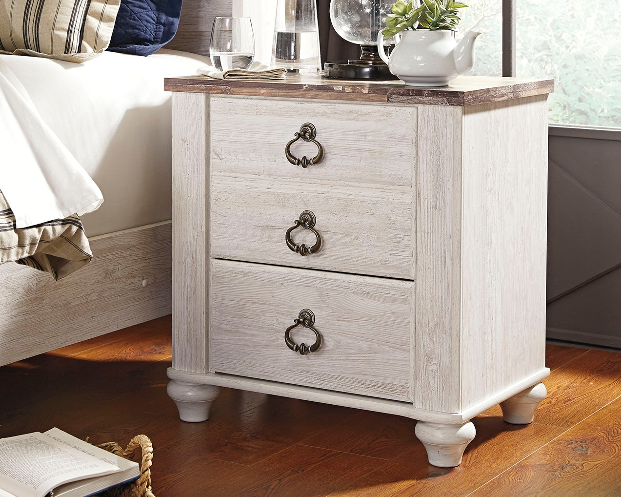 Furniture City Biloxi - Ashley Furniture - Willowton Bedroom - Two Drawer Night Stand / Whitewash - B267-92