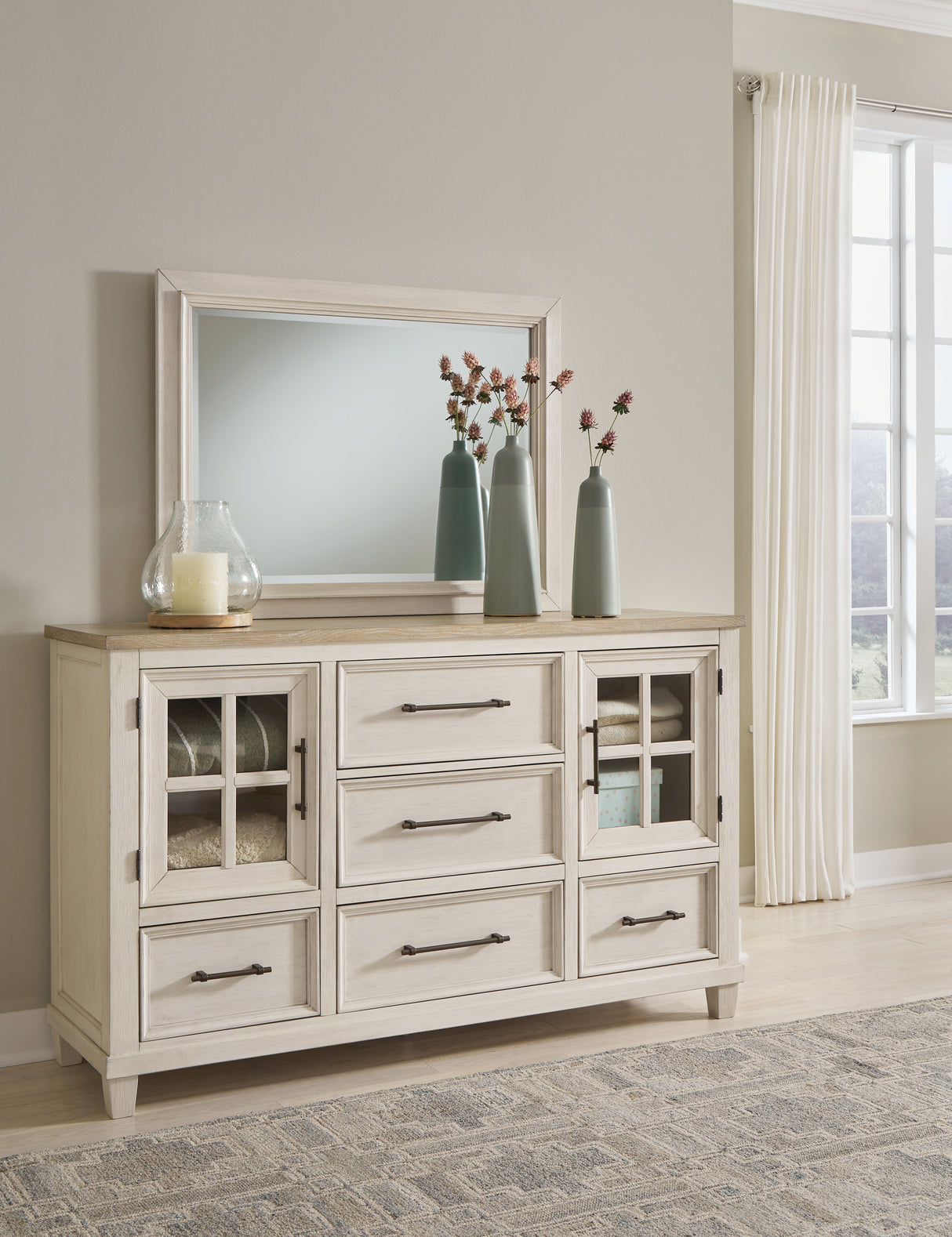 Furniture City Biloxi - Ashley Furniture - Shaybrock Bedroom - Dresser and Mirror / Antique White/Brown - B683B1