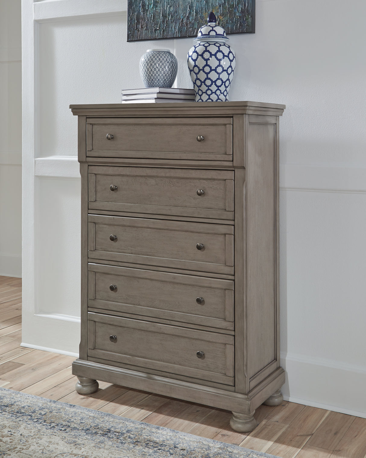 Furniture City Biloxi - Ashley Furniture - Lettner Bedroom - Five Drawer Chest / Light Gray - B733-46