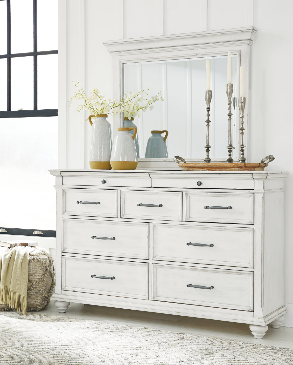 Furniture City Biloxi - Ashley Furniture - Kanwyn Bedroom - Dresser and Mirror / Whitewash - B777B1