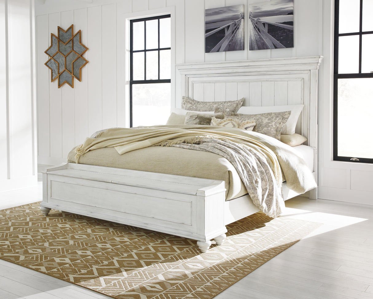 Furniture City Biloxi - Ashley Furniture - Kanwyn Bedroom - California King Panel Bed with Storage Bench / Whitewash - B777B12