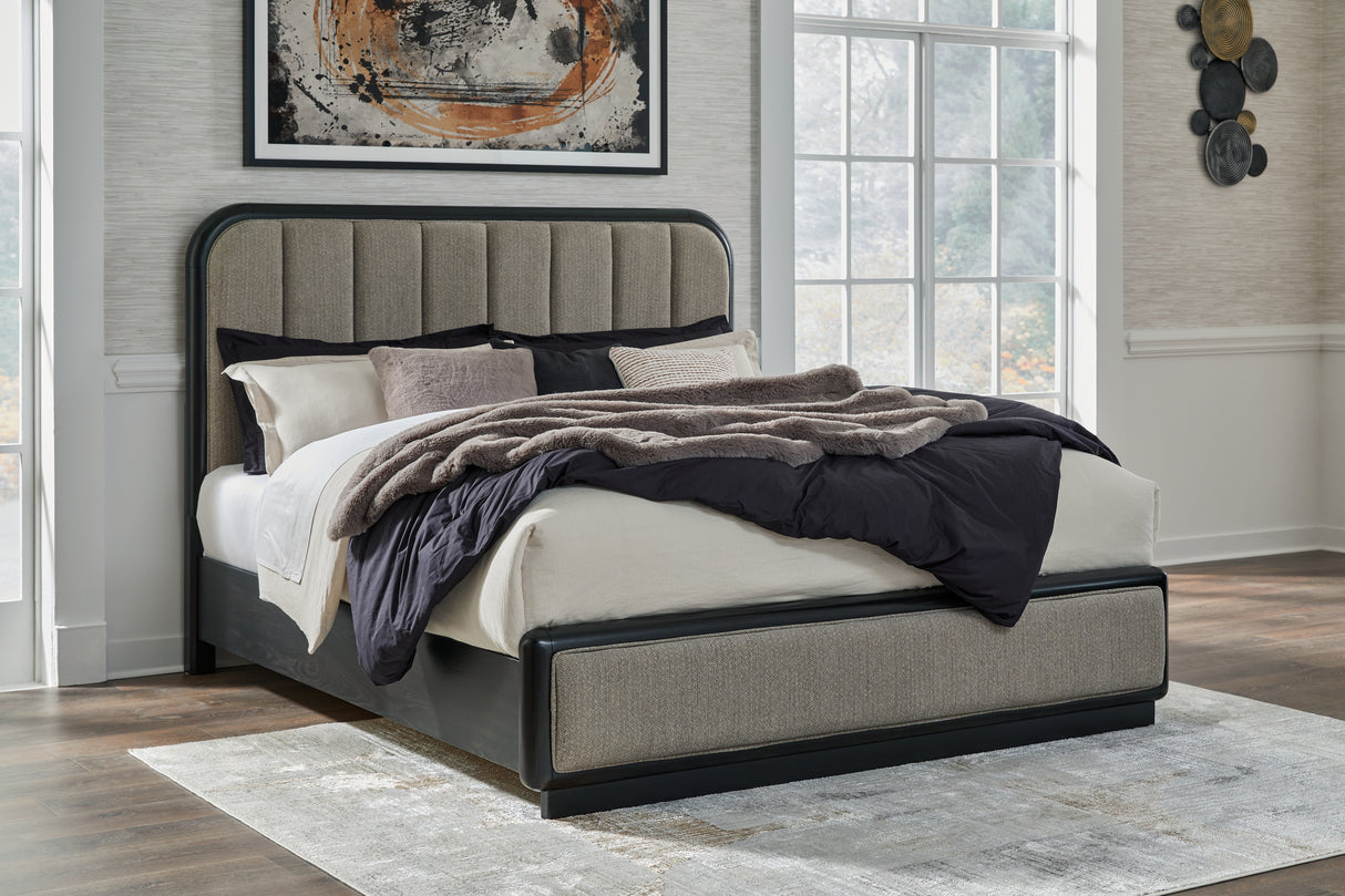 Furniture City Biloxi - Ashley Furniture - Rowanbeck Bedroom - King Upholstered Panel Bed / Gray/Black - B821B4