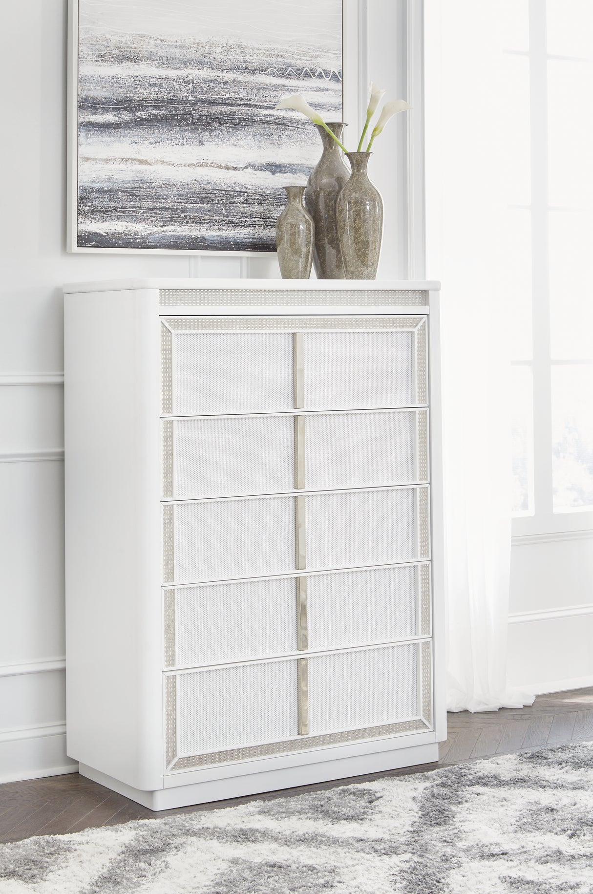 Furniture City Biloxi - Ashley Furniture - Chalanna Bedroom - Five Drawer Chest / White - B822-46