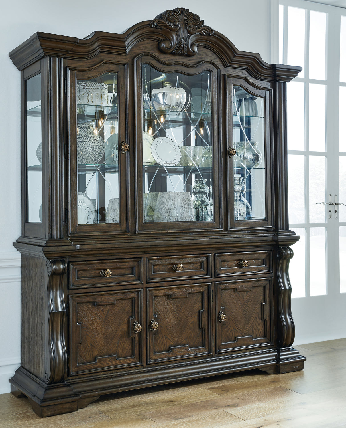 Furniture City Biloxi - Ashley Furniture - Maylee Dining Room - Dining Buffet and Hutch / Dark Brown - D947D1