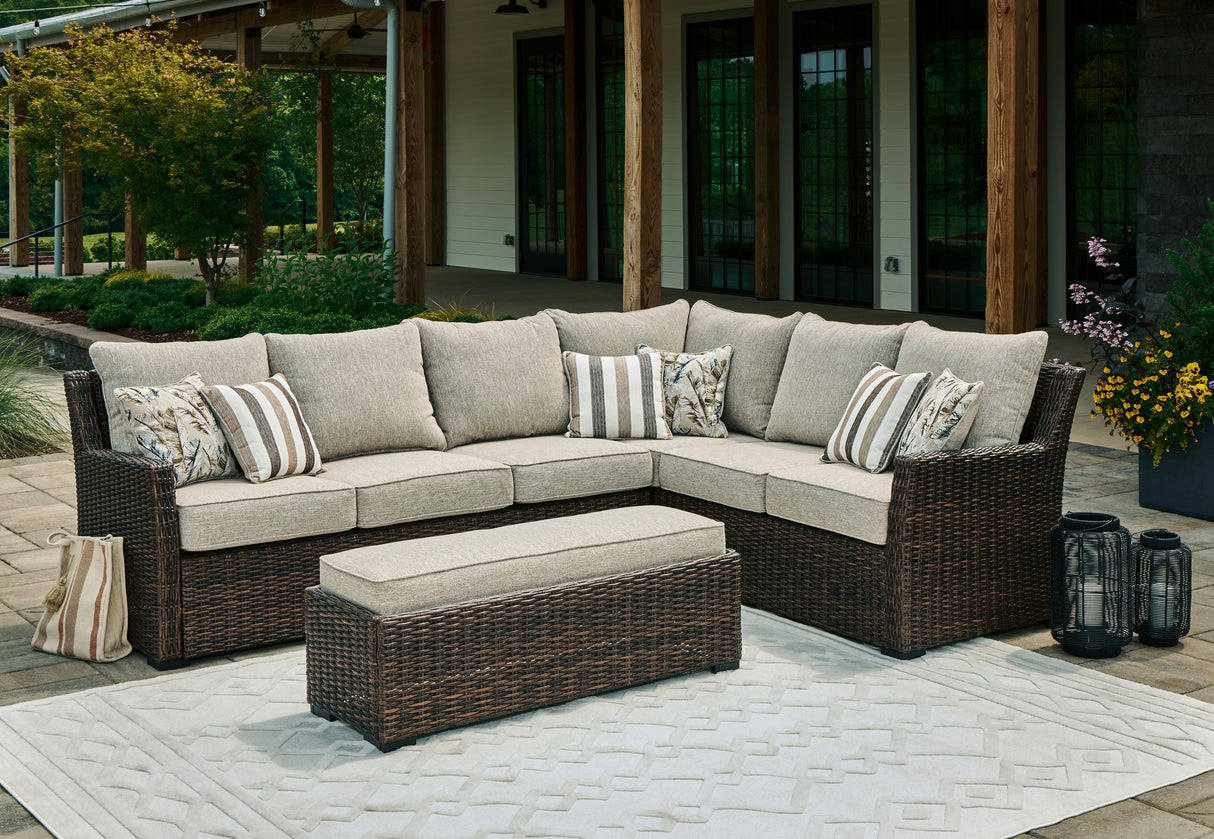 Furniture City Biloxi - Ashley Furniture - Brook Ranch Outdoor - Sofa SEC/Bench w/CUSH (3/CN) / Brown - P465-822