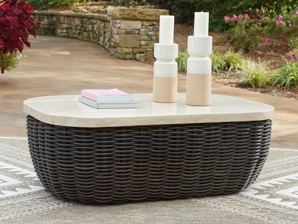 Furniture City Biloxi - Ashley Furniture - Kimora Outdoor - Rectangular Cocktail Table / Beige/Dark Brown - P711-701