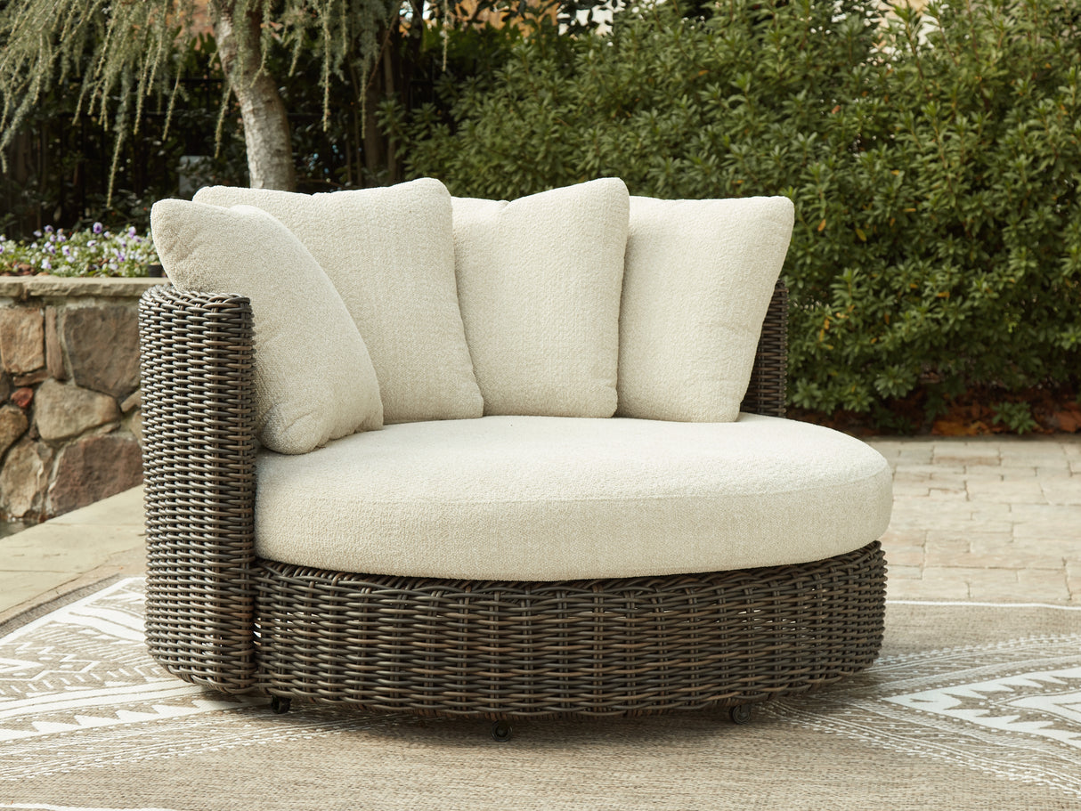 Furniture City Biloxi - Ashley Furniture - Kimora Outdoor - Swivel Lounge Chair w/Cushion / Beige/Dark Brown - P711-810