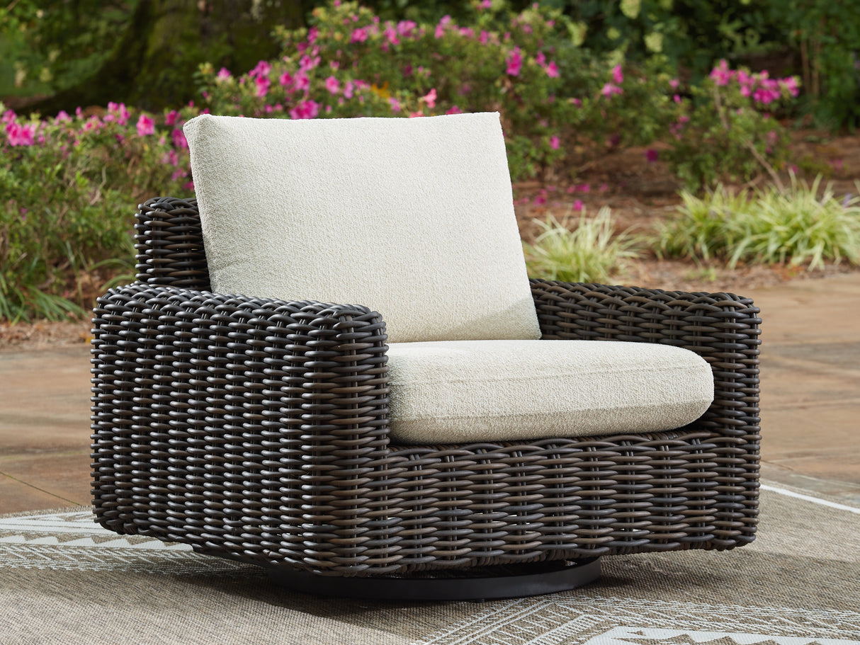 Furniture City Biloxi - Ashley Furniture - Kimora Outdoor - Swivel Glider Lounge w/Cushion / Beige/Dark Brown - P711-821