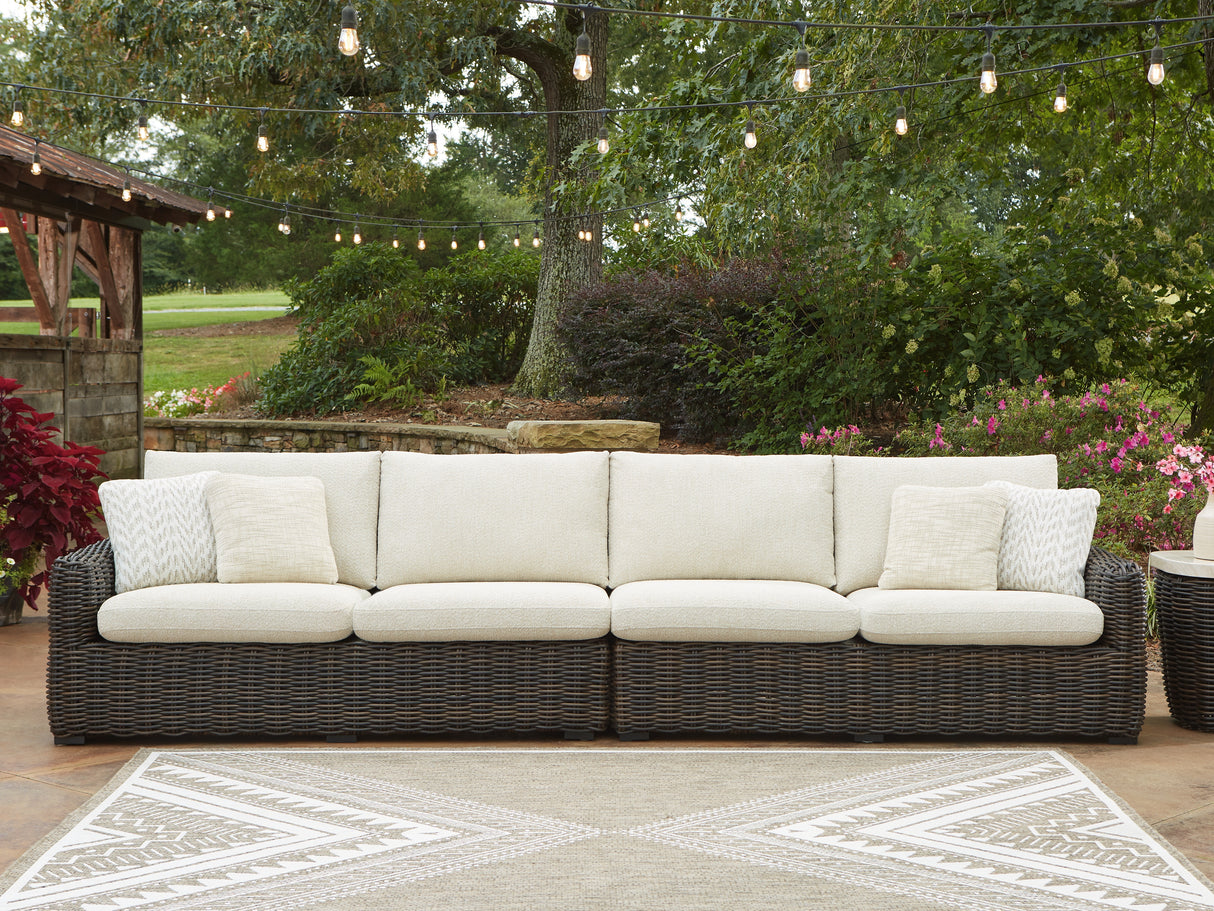 Furniture City Biloxi - Ashley Furniture - Kimora Outdoor - RAF/LAF Loveseat w/CUSH (Set of 2) / Beige/Dark Brown - P711-854
