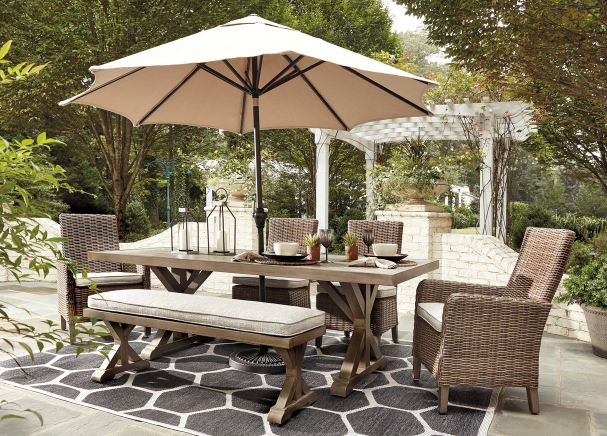 Furniture City Biloxi - Ashley Furniture - Beachcroft Outdoor - RECT Dining Table w/UMB OPT / Beige - P791-625