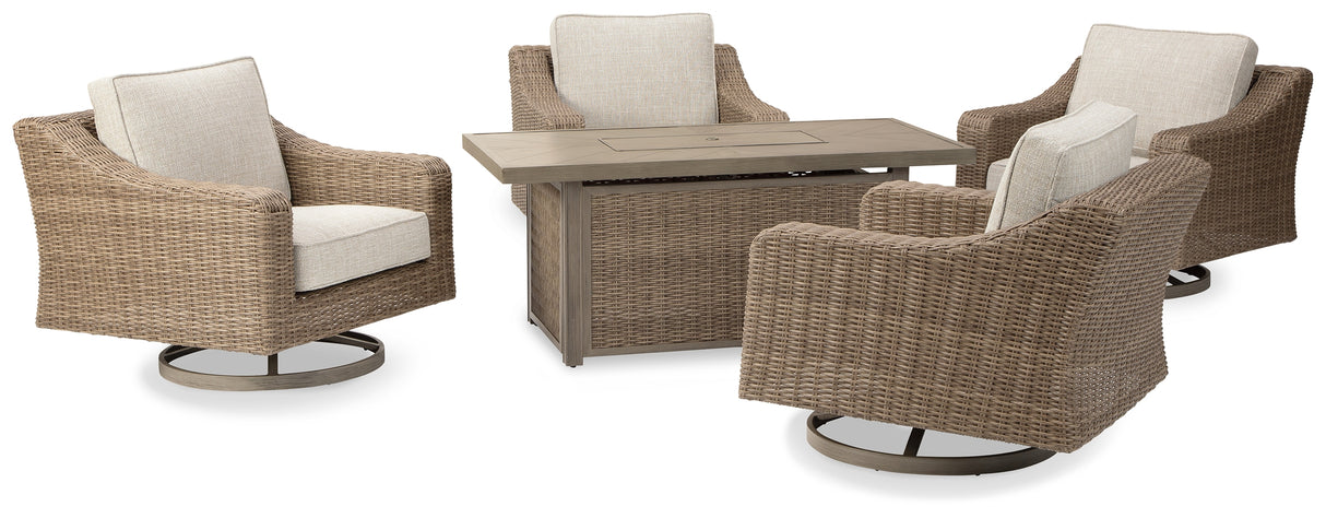 Furniture City Biloxi - Ashley Furniture - Beachcroft Outdoor - 5-Piece Outdoor Fire Pit Table with 4 Chairs / Beige - P791P17