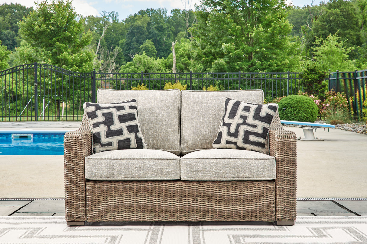 Furniture City Biloxi - Ashley Furniture - Beachcroft Outdoor - Loveseat w/Cushion / Beige - P791-835