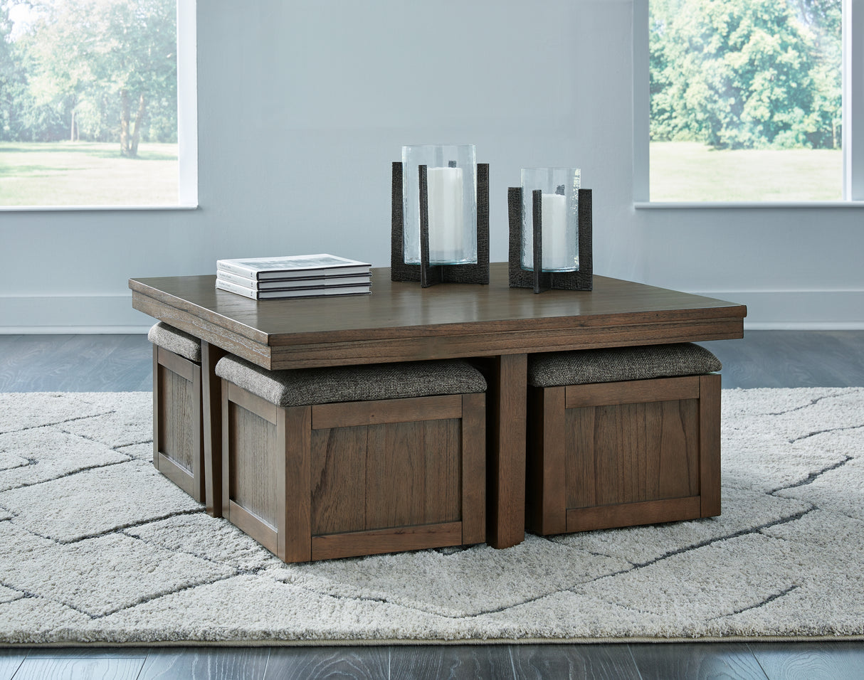 Furniture City Biloxi - Ashley Furniture - Boardernest Coffee Table with 4 Stools - Cocktail TBL w/4 Stools (5/CN) / Brown - T738-20