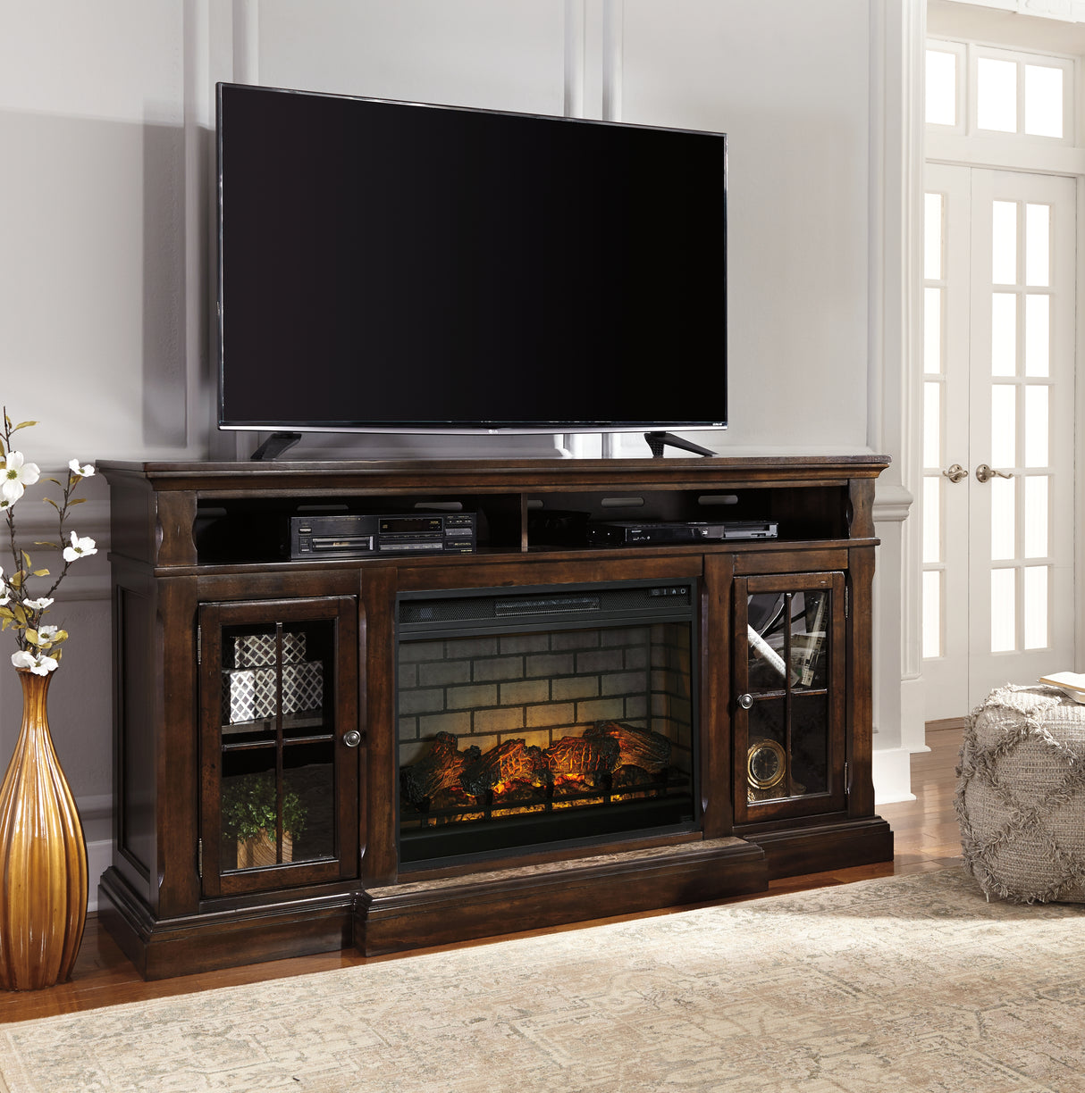 Furniture City Biloxi - Ashley Furniture - Roddinton 72" TV Stand with Electric Fireplace - 72" TV Stand with Electric Fireplace / Dark Brown - W701W8