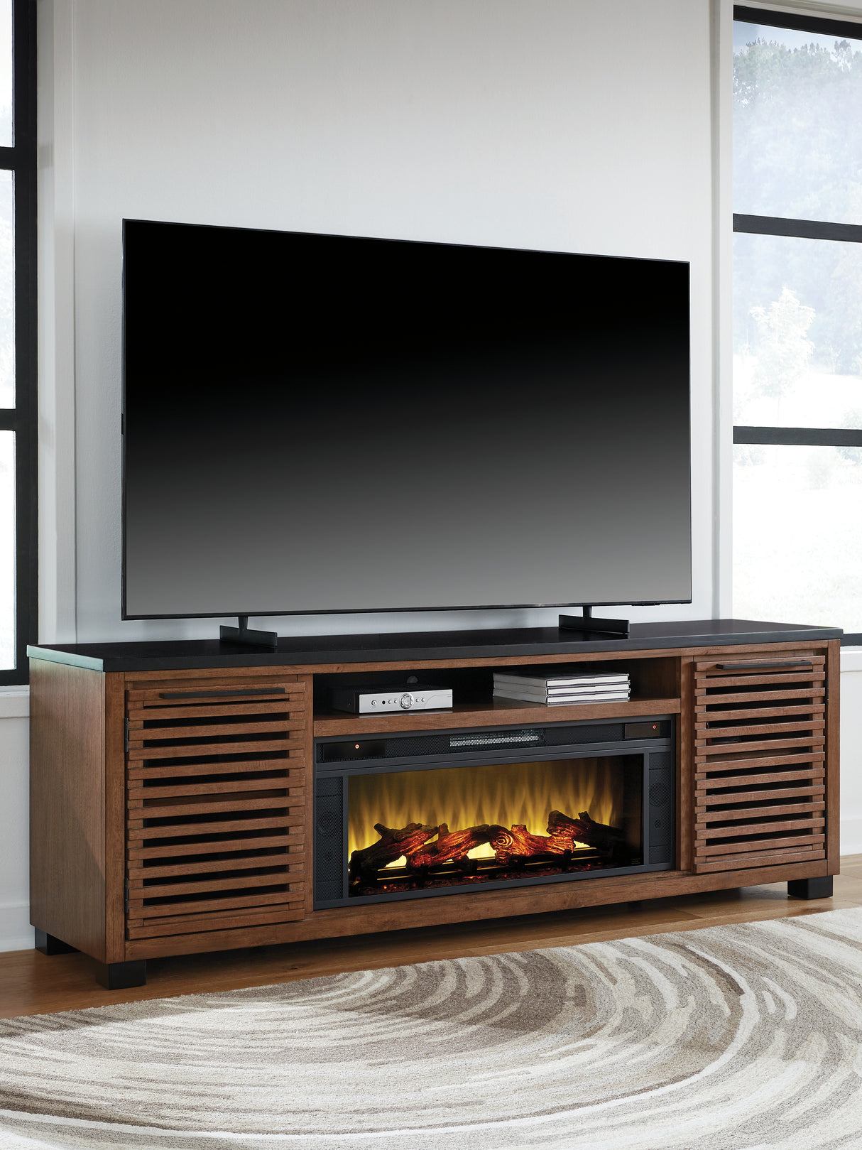 Furniture City Biloxi - Ashley Furniture - Kallari 84" TV Stand with Electric Fireplace - 84" TV Stand with Electric Fireplace / Warm Brown/Black - W737W1