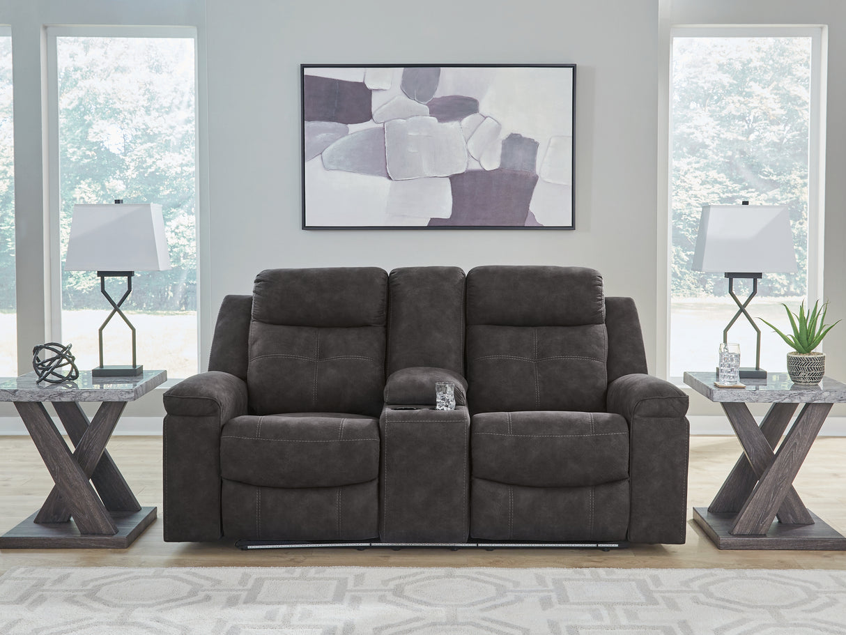 Furniture City Biloxi - Ashley Furniture - Brysonview Living Room - DBL Rec Loveseat w/Console / Charcoal - 6360594