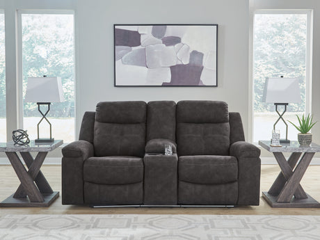 Furniture City Biloxi - Ashley Furniture - Brysonview Living Room - DBL Rec Loveseat w/Console / Charcoal - 6360594