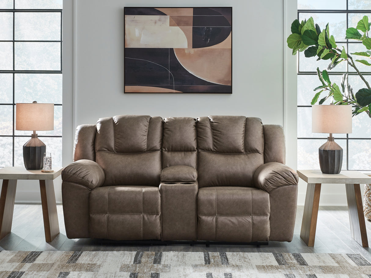 Furniture City Biloxi - Ashley Furniture - Lowilla Living Room - DBL Rec Loveseat w/Console / Driftwood - PC6450694