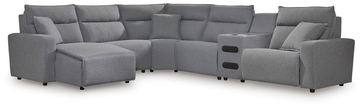 Furniture City Biloxi - Ashley Furniture - ModMax II Sectional - 6-Piece Reclining Sectional with Chaise and Audio Console / Salt and Pepper - 65906S29