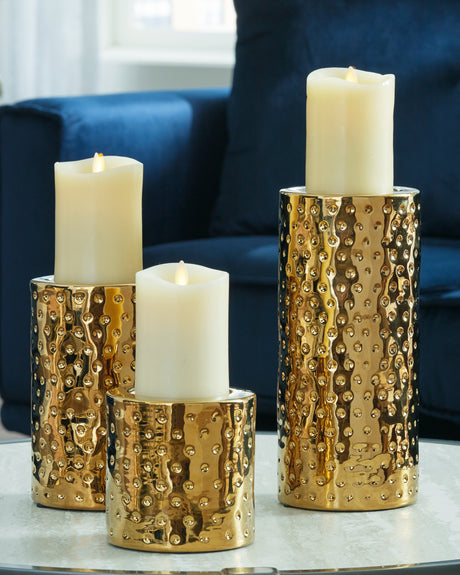 Furniture City Biloxi - Ashley Furniture - Marisa Candle Holder - Candle Holder Set (3/CN) / Gold Finish - A2000461