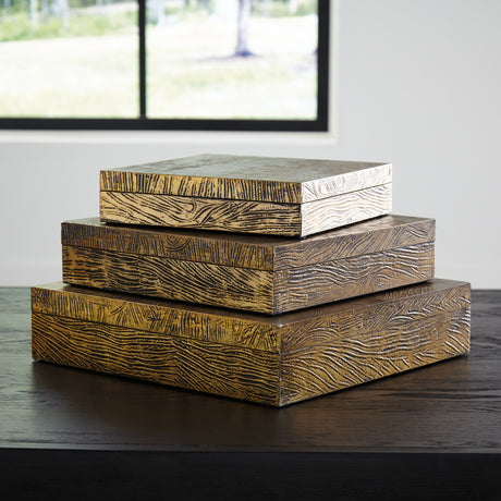Furniture City Biloxi - Ashley Furniture - Keldy Box (Set of 3) - Box Set (3/CN) / Antique Brass Finish - A2000490