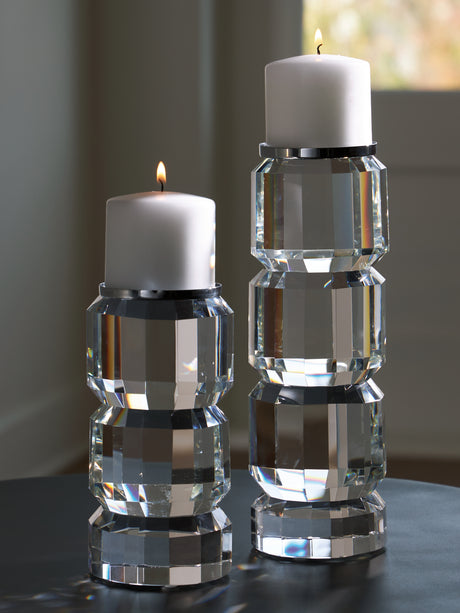 Furniture City Biloxi - Ashley Furniture - Brentley Candle Holder - Candle Holder Set (Set of 2) / Clear/Silver Finish - A2000770