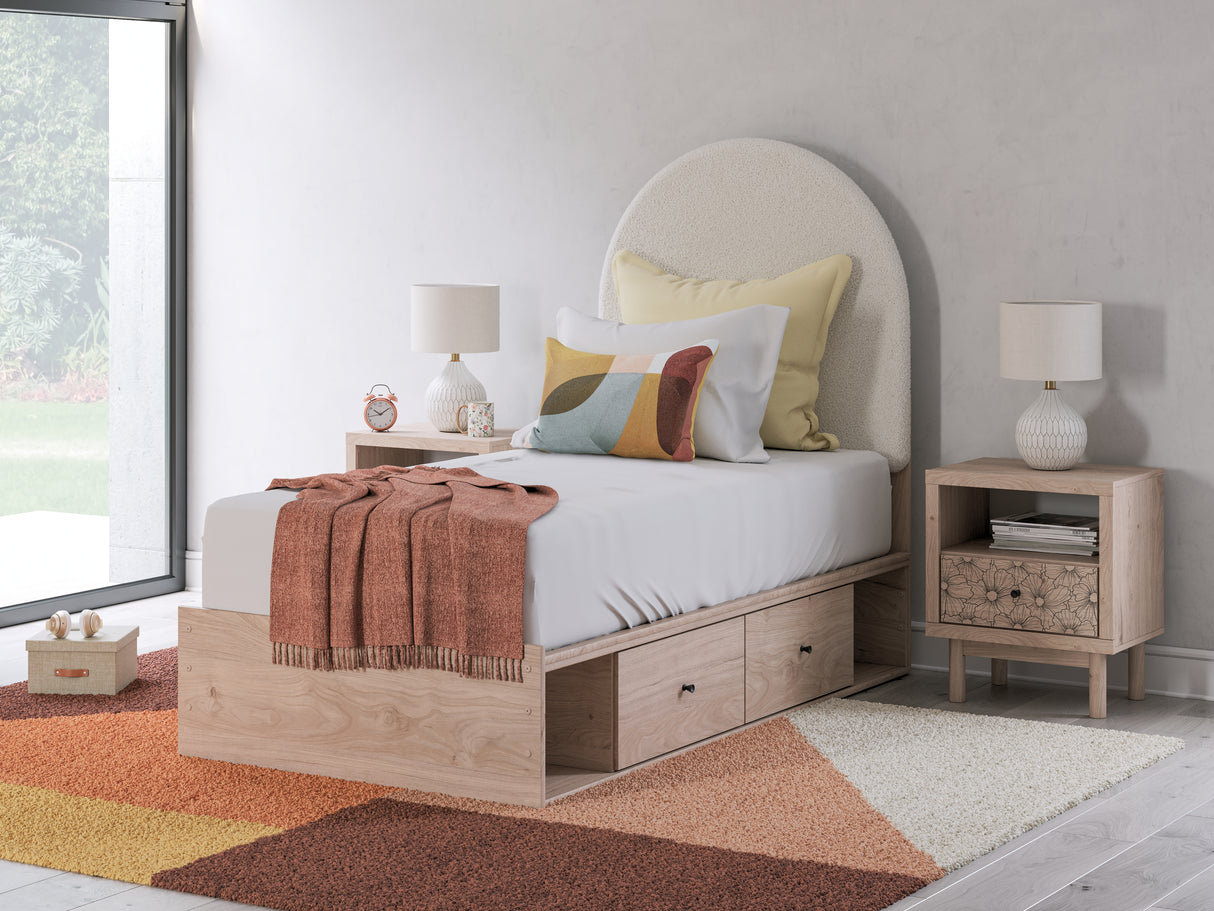 Furniture City Biloxi - Ashley Furniture - Arloster Bedroom - Twin Upholstered Panel Bed with Storage / Tan/White - PCB1566B4