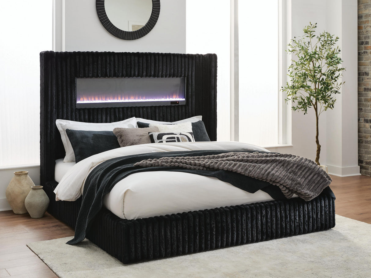 Furniture City Biloxi - Ashley Furniture - Tayleena Bedroom - Queen Upholstered Bed with Fireplace and Wireless Audio / Black - PCB620B1