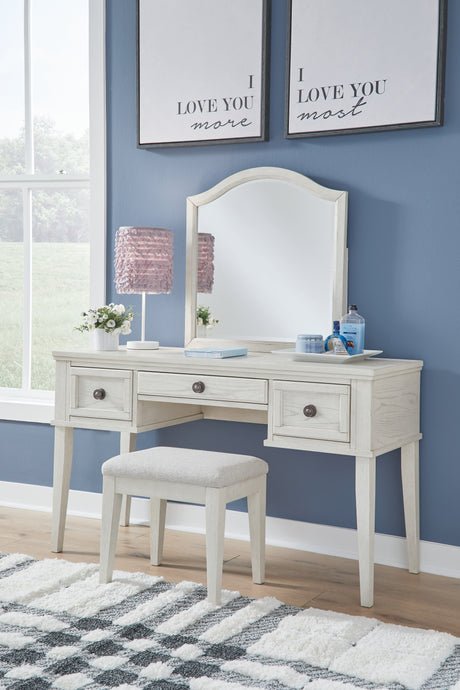 Furniture City Biloxi - Ashley Furniture - Robbinsdale Mirrored Vanity with Bench - Mirrored Vanity with Bench / Antique White - B742B11