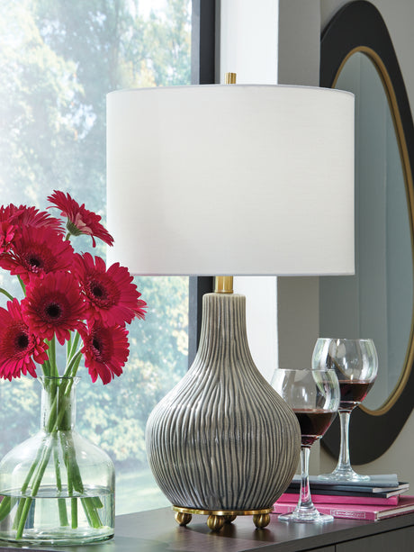 Furniture City Biloxi - Ashley Furniture - Judlen Lighting - Ceramic Table Lamp (1/CN) / Gray/Gold Finish - L100844