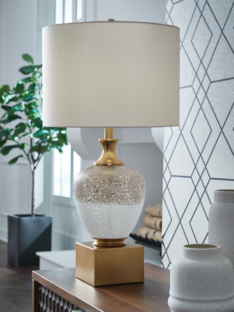 Furniture City Biloxi - Ashley Furniture - Tavisburg Lighting - Glass Table Lamp (1/CN) / Brown/White/Gold - L430894