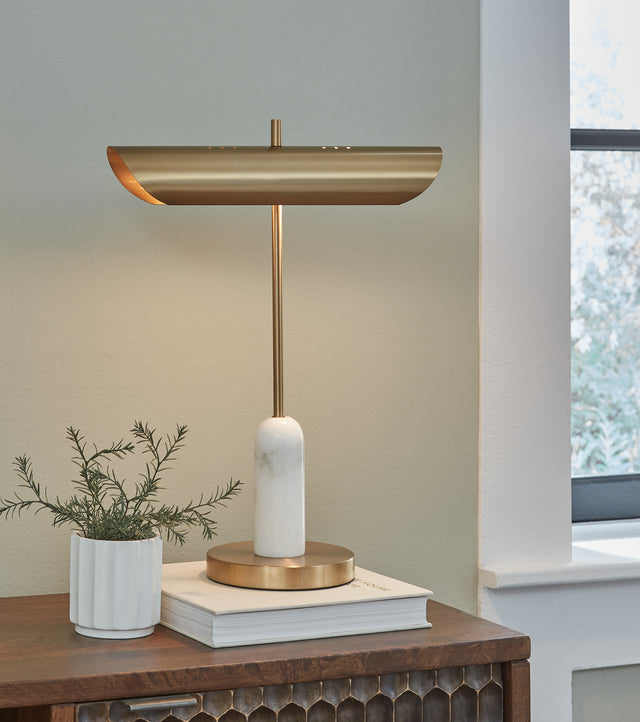 Furniture City Biloxi - Ashley Furniture - Rowleigh Lighting - Marble Desk Lamp (1/CN) / Gold Finish/White - L734392