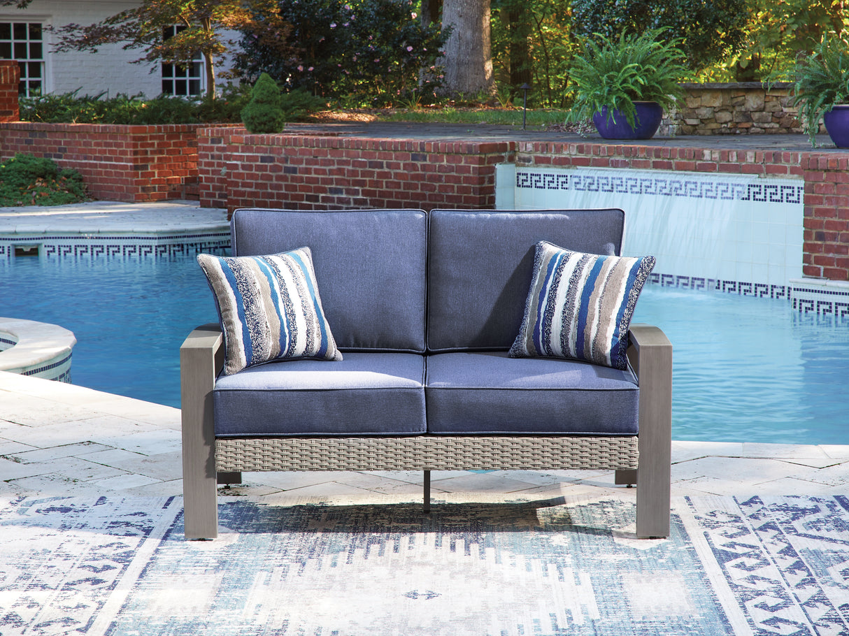 Furniture City Biloxi - Ashley Furniture - Half Moon Beach Outdoor - Loveseat w/Cushion / Blue/Gray - PCP418-835