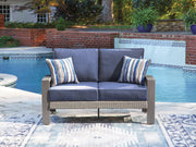 Furniture City Biloxi - Ashley Furniture - Half Moon Beach Outdoor - Loveseat w/Cushion / Blue/Gray - PCP418-835