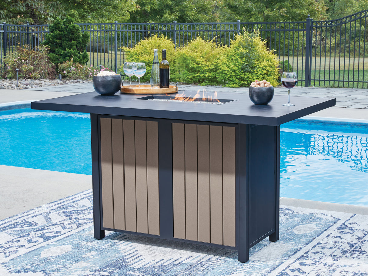 Furniture City Biloxi - Ashley Furniture - East Beach Outdoor - RECT Bar Table w/Fire Pit / Navy Blue/Driftwood - PCP587-665