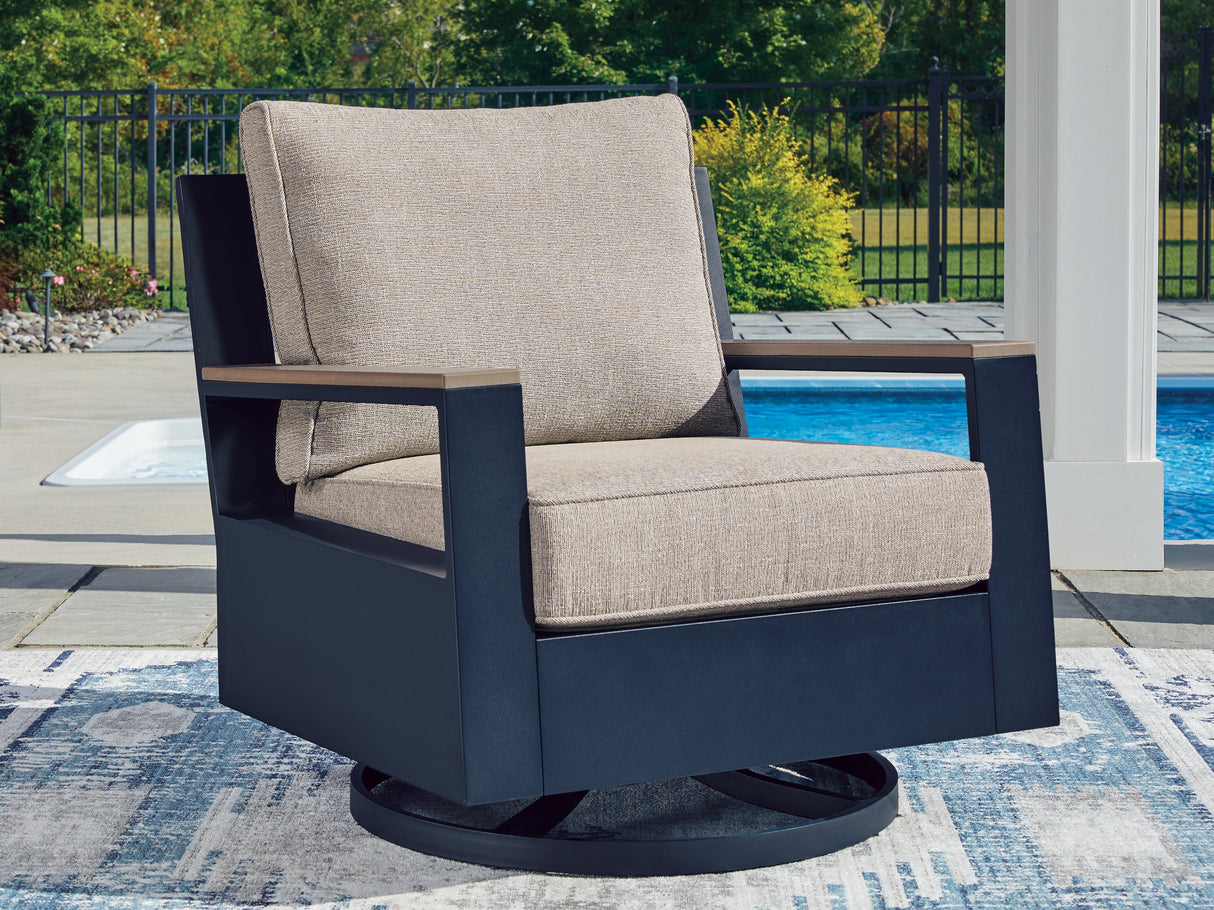 Furniture City Biloxi - Ashley Furniture - East Beach Outdoor - Swivel Glider Chair w/Cushion / Navy Blue/Driftwood - PCP587-821