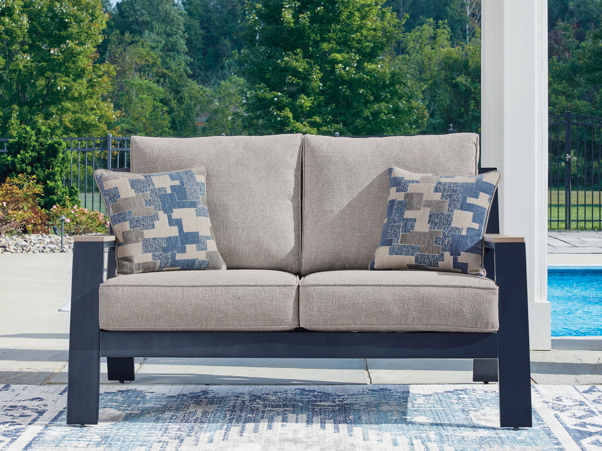 Furniture City Biloxi - Ashley Furniture - East Beach Outdoor - Loveseat w/Cushion / Navy Blue/Driftwood - PCP587-835