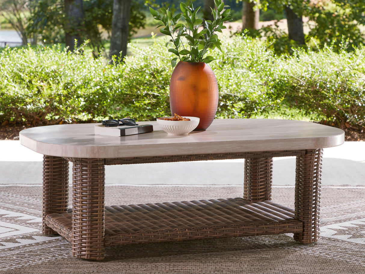 Furniture City Biloxi - Ashley Furniture - Dolan Creek Outdoor - Rectangular Cocktail Table / Beige/Brown - PCP610-701