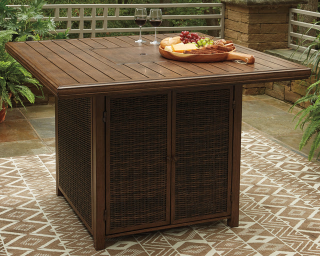 Furniture City Biloxi - Ashley Furniture - Paradise Trail Outdoor - Outdoor Counter Height Dining Table with 4 Barstools / Medium Brown - P750P5